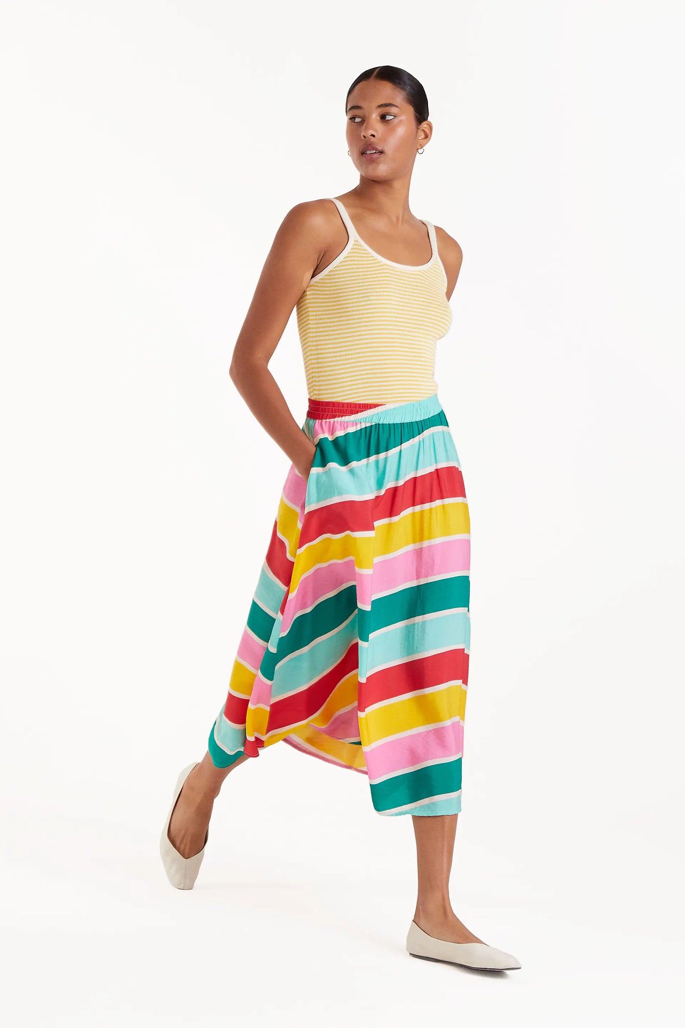 COLOUR WAVE STRIPED MIDI SKIRT