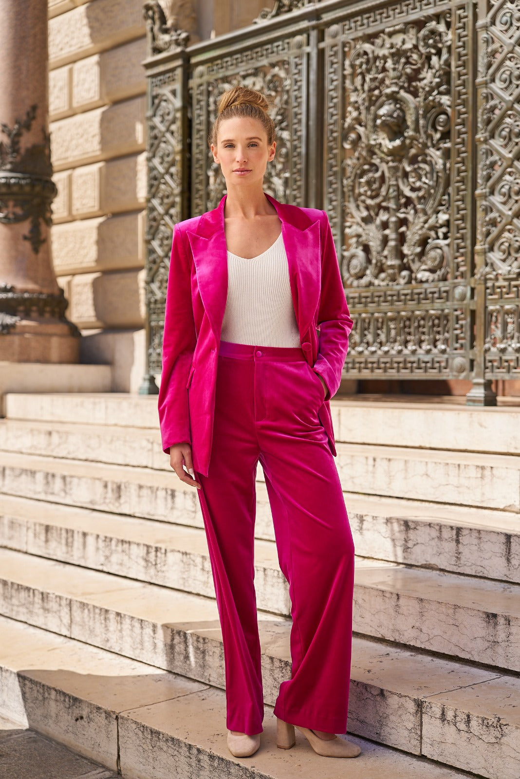 Pink velvet trousers hotsell