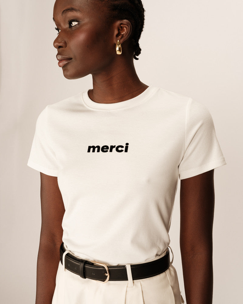 MERCI T-SHIRT ECRU/BLACK